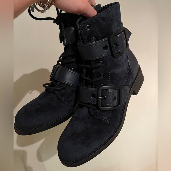 Armani Black Leather Moto Combat Boot Blue Ankle AX Oversized Buckle Zipper 7 38 - Picture 4 of 16